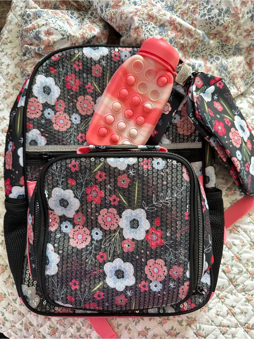 No Boundaries Floral Sequin Kids Backpack with Coral Bubble Water Bottle